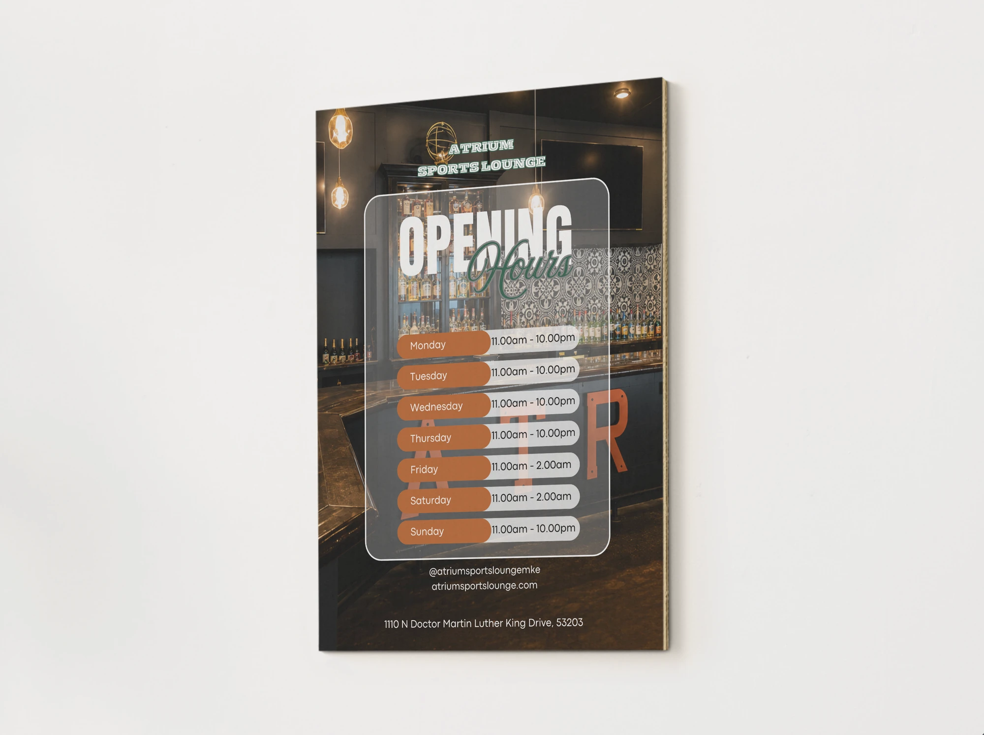 Opening-hours sign · Design presentation mockup