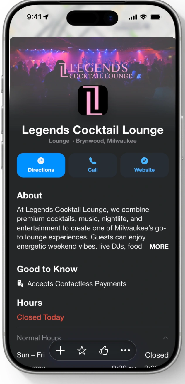 Legends Cocktail Lounge · Apple Maps business-profile presentation