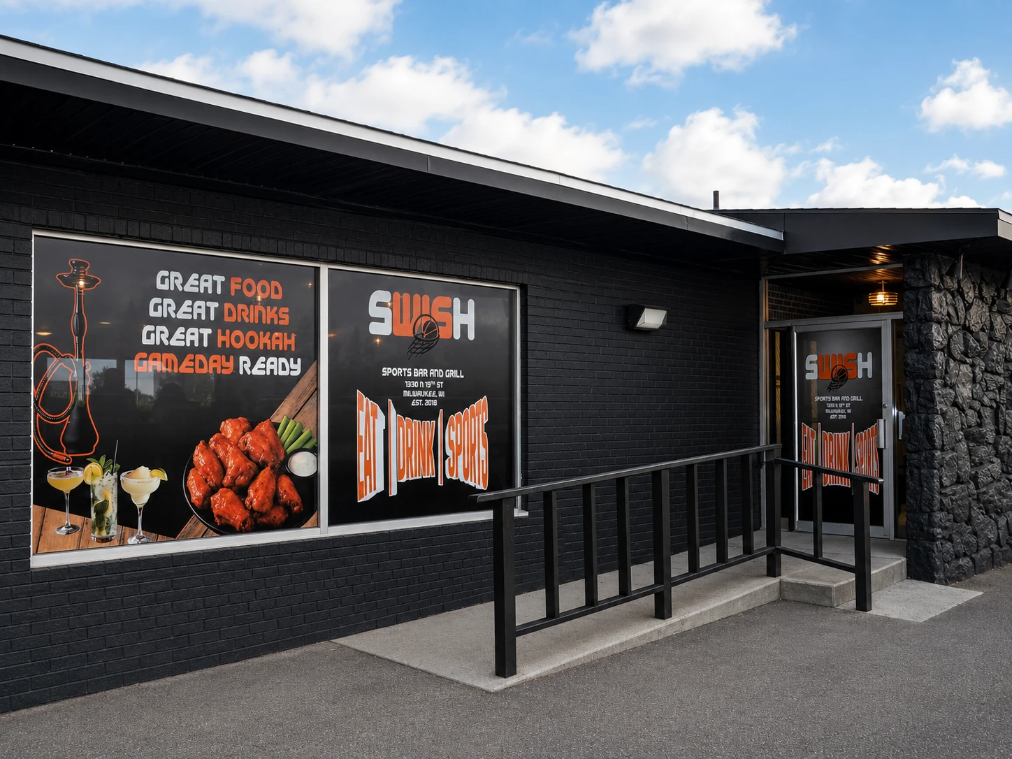 Swish storefront window tint design mockup, shown as concept work rather than installation photography