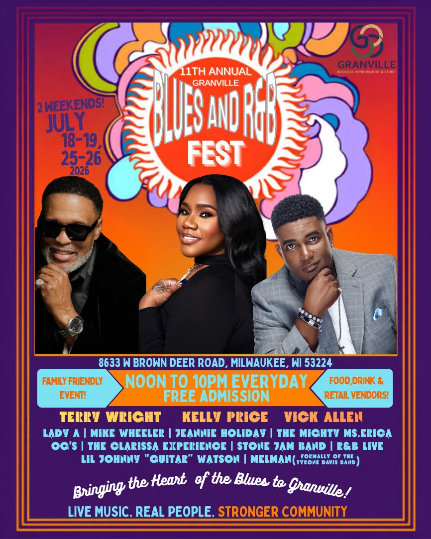 Official Granville Blues & R&B Fest flyer designed by Craig L. Berry II, featuring the lineup and festival information