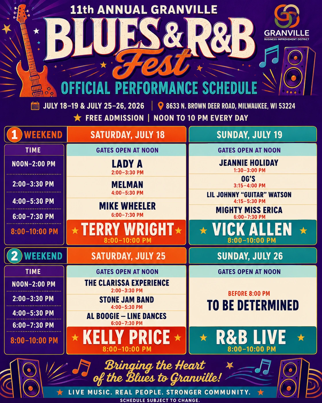 Official performance schedule design with four festival dates arranged in two weekend groups, artist names, performance times, and admission information