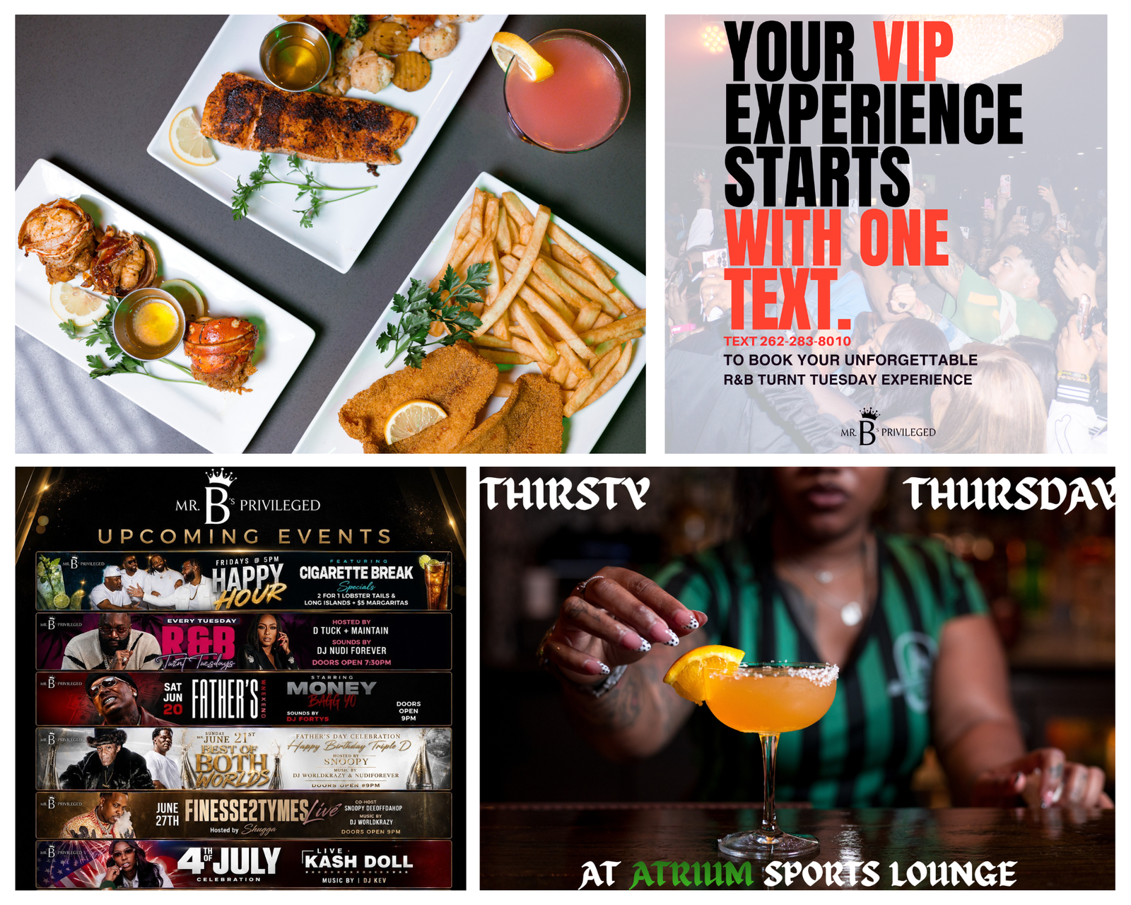 Collage of promotional content created by Craig L. Berry II, including food photography, VIP messaging, event promotions, and Atrium social creative