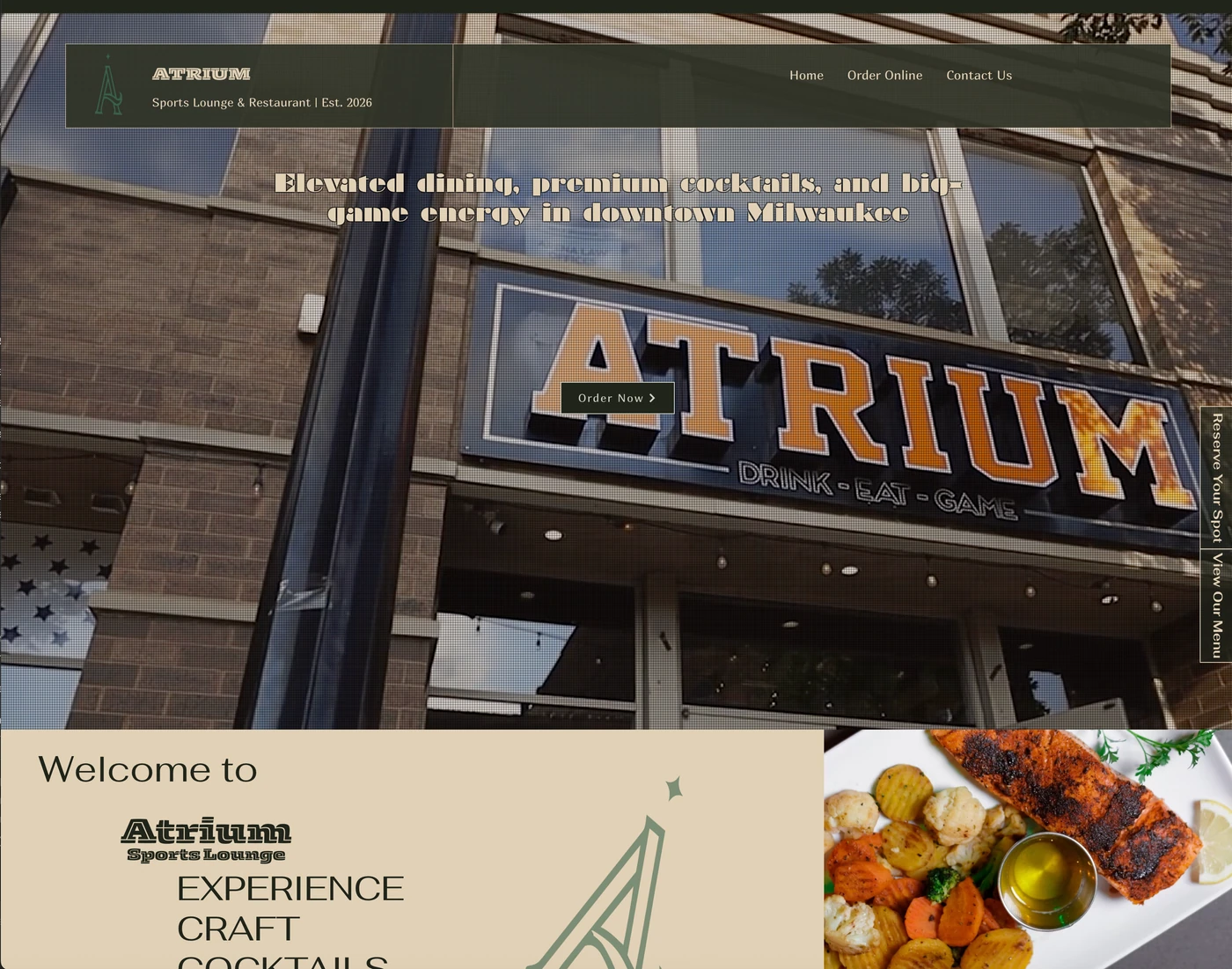 Atrium Sports Lounge website, desktop capture